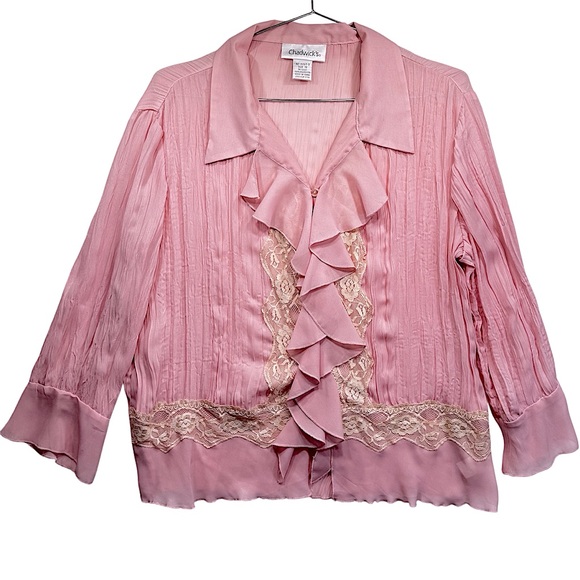Vintage Y2K Pink Lace Trim Bridgerton Regency Top Crinkled Semi Sheer Chadwicks - Picture 1 of 6